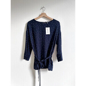 Ganni Crepe women's Cropped Sleeve Belted Blouse Top Navy Polka Size 38/ 6 $350